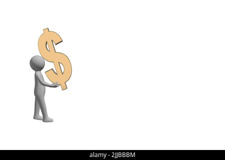 man carrying money concept 3D figure carrying a 3D gold metal dollar currency symbol sign cut out isolated on white background Stock Photo