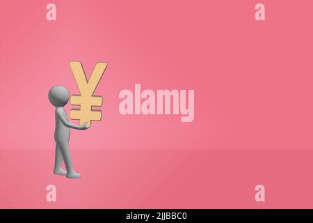 man carrying money concept 3D figure carrying a 3D gold metal yen yuan currency symbol sign Stock Photo