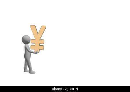 man carrying money concept 3D figure carrying a 3D gold metal yen yuan currency symbol sign cut out isolated on white background Stock Photo