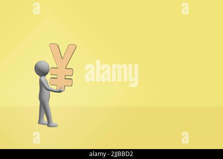 man carrying money concept 3D figure carrying a 3D gold metal yen yuan currency symbol sign Stock Photo