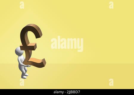 man carrying money concept 3D figure carrying a 3D gold metal pound sterling currency symbol sign Stock Photo