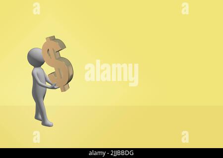 man carrying money concept 3D figure carrying a 3D gold metal dollar currency symbol sign Stock Photo