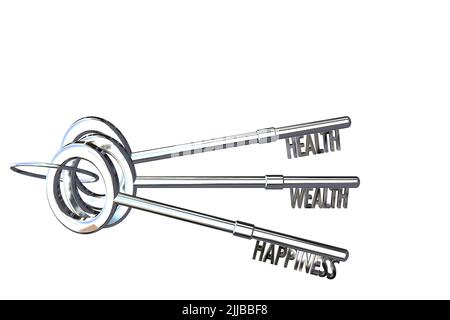 key to health concept key to wealth concept key to happiness concept health wealth & happiness cut out isolated white background Stock Photo