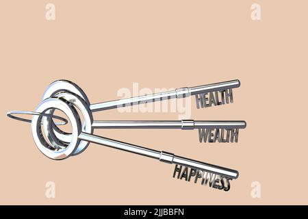 key to health concept key to wealth concept key to happiness concept health wealth & happiness isolated peach background Stock Photo
