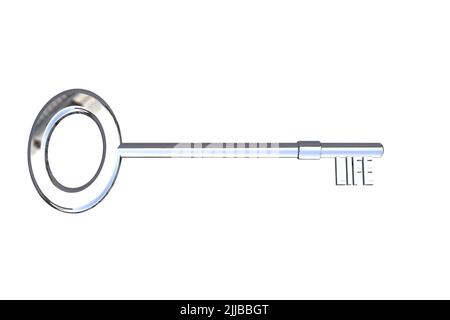 key to life concept meaning of life concept life word on a silver 3D key cut out isolated on a white background Stock Photo