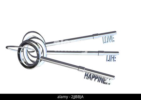 key to love concept key to life concept key to happiness concept bunch of keys 3d render silver keys Stock Photo
