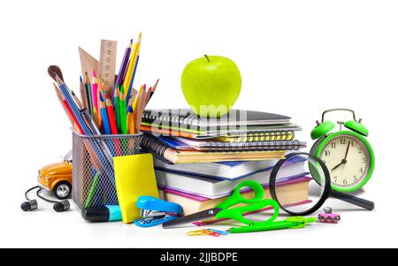 School supplies composition isolated on a white background Stock Photo