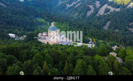 Aerial view of The Sanctuary of Oropa in tj Italian Alps. Stock Photo