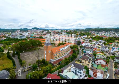 Aerial view Da Lat Pedagogical College, Vietnam in morning, with its unique arc-shaped French architecture, this place trains teachers to teach studen Stock Photo