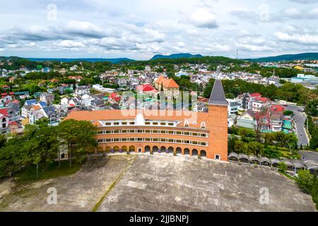 Aerial view Da Lat Pedagogical College, Vietnam in morning, with its unique arc-shaped French architecture, this place trains teachers to teach studen Stock Photo