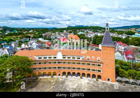 Aerial view Da Lat Pedagogical College, Vietnam in morning, with its unique arc-shaped French architecture, this place trains teachers to teach studen Stock Photo