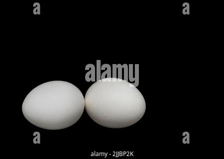 Image of two white chicken eggs on a black background Stock Photo