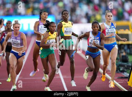 Eugene, USA. 24th July, 2022. Athletes compete during the women's 4x400m relay final at the World Athletics Championships Oregon22 in Eugene, Oregon, the United States, July 24, 2022. Credit: Wang Ying/Xinhua/Alamy Live News Stock Photo