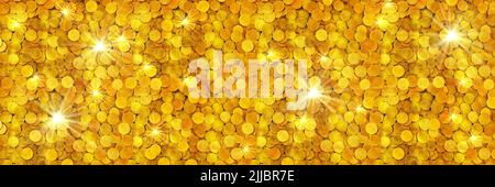 A pile of glittering gold coins. Business or finance concept panoramic banner background. Stock Photo