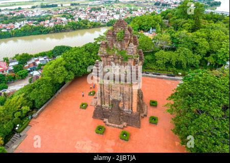 Aerial view Nhan Tower in Phu Yen, Vietnam, tower is an artistic architectural work of  Champa people built in 12th century with terracotta and recogn Stock Photo