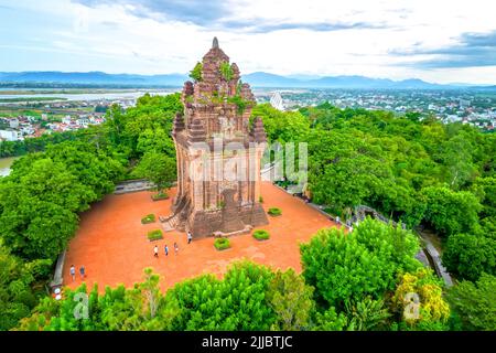 Aerial view Nhan Tower in Phu Yen, Vietnam, tower is an artistic architectural work of  Champa people built in 12th century with terracotta and recogn Stock Photo