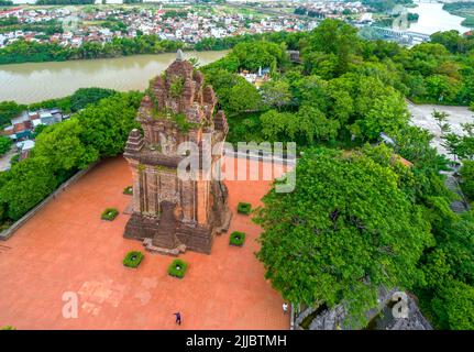 Aerial view Nhan Tower in Phu Yen, Vietnam, tower is an artistic architectural work of  Champa people built in 12th century with terracotta and recogn Stock Photo