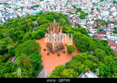 Aerial view Nhan Tower in Phu Yen, Vietnam, tower is an artistic architectural work of  Champa people built in 12th century with terracotta and recogn Stock Photo