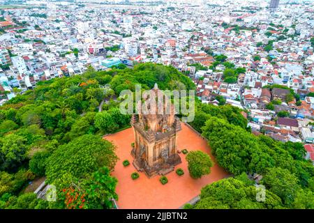 Aerial view Nhan Tower in Phu Yen, Vietnam, tower is an artistic architectural work of  Champa people built in 12th century with terracotta and recogn Stock Photo