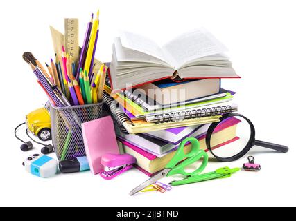 School supplies with opened book isolated on a white background Stock Photo