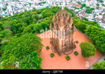 Aerial view Nhan Tower in Phu Yen, Vietnam, tower is an artistic architectural work of  Champa people built in 12th century with terracotta and recogn Stock Photo