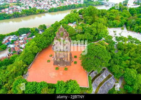 Aerial view Nhan Tower in Phu Yen, Vietnam, tower is an artistic architectural work of  Champa people built in 12th century with terracotta and recogn Stock Photo