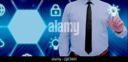 Businessman Pointing On Digital S In A Futuristic Pattern Design And Presenting Important Data. Executive Displaying Symbols And Crucial Information Stock Photo