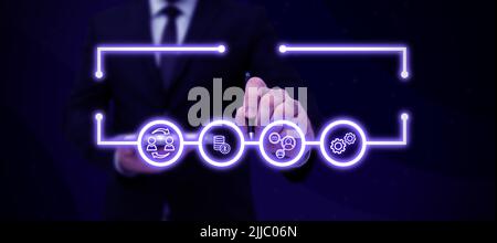 Businessman in suit holding open palm symbolizing successful teamwork accomplishing newest project plans. Man reaching hand out representing combined Stock Photo