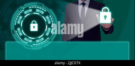 Businessman Pointing Finger And Projecting The Lock In A Glowing Futuristic Frame. Man In A Suit Showing Secured Messages And Encrypted Data In A Stock Photo