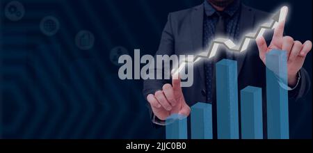 Businessman With Hands Displaying Data Graphs And Showing Crucial Information With Futuristic Design. Man In Suit Presenting Important Data Charts And Stock Photo