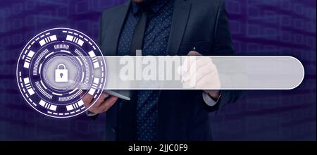 Male Professional Holding Tablet And Pen Pointing On Futuristic Shield Protected Lock . Businessman Wearing Suit Introducing Modern Technology For Stock Photo