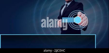 Male Executive Pointing At Digitally Generated Bar Graph Over Graphical Display And Presenting Data. Businessman Wearing Suit Representing Strategies Stock Photo