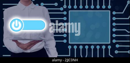 Businesswoman Holding Tablet And Presenting Power Button Symbol And Displaying A Crucial Message. Woman With A Pad On Hands Receiving Business Ideas Stock Photo