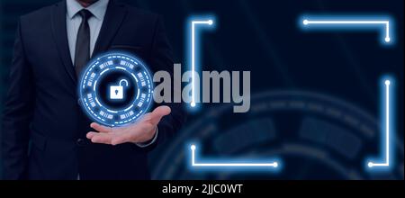 Businessman Presenting Over Hand And Showing Important Messages. Man In Suit Displaying Pattern With Symbols Above Palm And Crutial Informations On Stock Photo