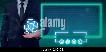Businessman Holding Futuristic Design In One Hand And Presenting Late Data In Frame With S. Man In Suit Having Circle With Symbols Around Over Palm Stock Photo