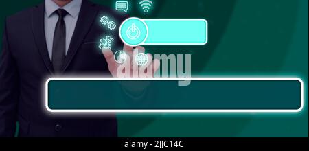 Businessman Pointing On A Power Button Surrounded By Digital S In A Futuristic Design. Man In A Suit Opening Computer Applications And Crucial Stock Photo