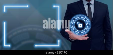 Businessman Presenting Over Hand And Showing Important Messages. Man In Suit Displaying Pattern With Symbols Above Palm And Crutial Informations On Stock Photo