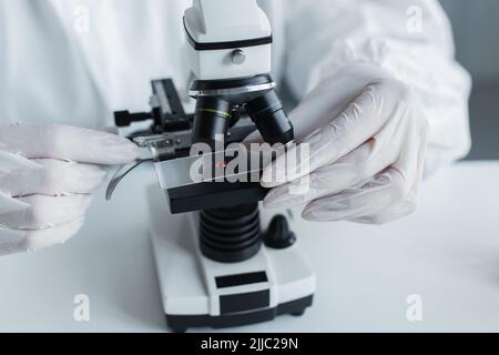 Cropped view of scientist in latex gloves using microscope in lab Stock Photo