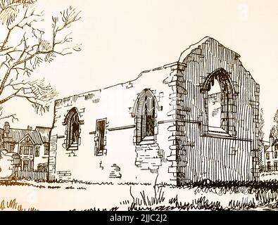 History of Lincoln, England  - An 1930's sketch of the ruins of Monks Abbey, a   monastic cell of St Mary's of York. The  roofless ruin dates from the 13th century,  and  has been altered at later dates