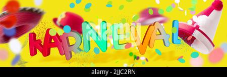 Banner with german Karneval word in 3d-illustration with multicolored letters for carnival on yellow background with various hats and bright falling c Stock Photo