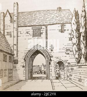 History of Lincoln, England  - An old sketch of the Old Registry and its arched gateway Stock Photo