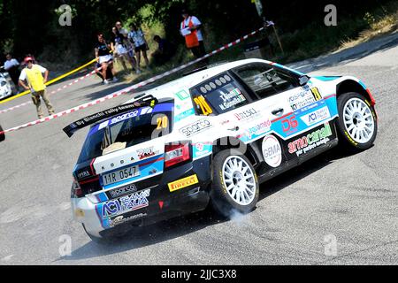 The driver Tommaso Ciuffi and his co-driver Nicolò Gonella aboard their Skoda Fabia Rally 2 Evo  car, during the Santopadre - Fontana Liri stage of th Stock Photo