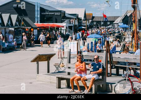 Whitstable, UK - July 16, 2022: Busy Whitstable harbour market on a summer day Stock Photo