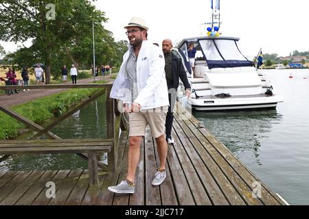 The Sweden Democrats' Jimmie Åkesson starts the 2022 election campaign with a tour on Göta canal. Together with the Riksdag candidate Jessica Stegrud, they will go by boat along the canal and stop to meet voters, present new developments and have interesting conversations. Stock Photo