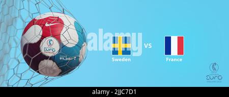 Guilherand-Granges, France - July 25, 2022. Soccer ball in net with official logo of UEFA Women's Cup Euro 2022 championship in England. Match : Swede Stock Photo