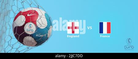 Guilherand-Granges, France - July 25, 2022. Soccer ball in net with official logo of UEFA Women's Cup Euro 2022 championship in England. Match : Engla Stock Photo