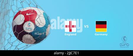 Guilherand-Granges, France - July 25, 2022. Soccer ball in net with official logo of UEFA Women's Cup Euro 2022 championship in England. Match : Engla Stock Photo