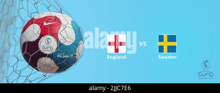 Guilherand-Granges, France - July 25, 2022. Soccer ball in net with official logo of UEFA Women's Cup Euro 2022 championship in England. Match : Engla Stock Photo