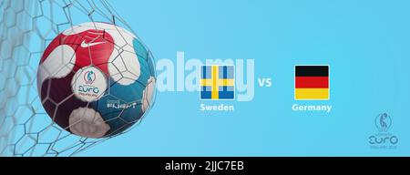 Guilherand-Granges, France - July 25, 2022. Soccer ball in net with official logo of UEFA Women's Cup Euro 2022 championship in England. Match : Swede Stock Photo