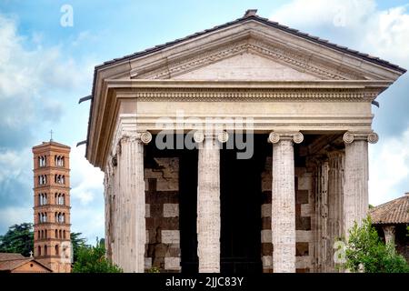 Tempre of Portunus and the bell tower of Santa Maria in Cosmedin, Rome, Italy Stock Photo